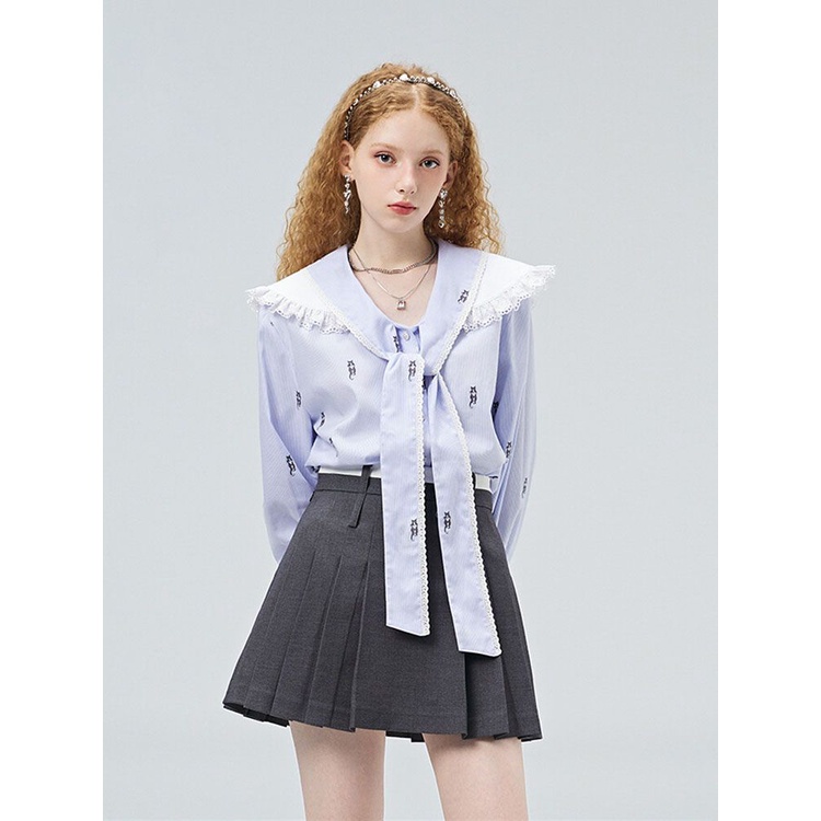 [ COD✅ ] Aroana Lucky Kemeja Biru Kerah Angkatan Laut Gaya Kuliah Atasan Chic Desain Cetak Bordir Po