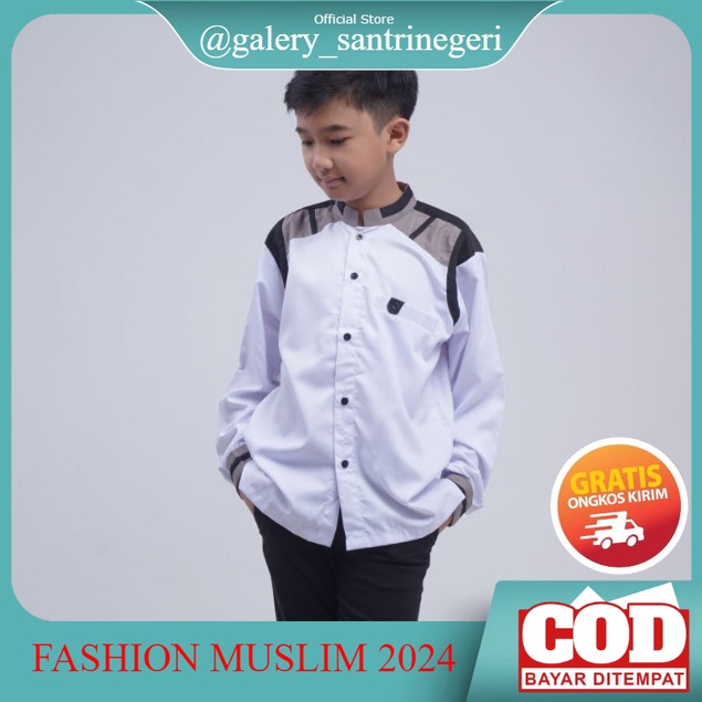 Baju Koko Anak muslim Pria Lengan Panjang Umur 7-15 Tahun Original Elrumi Motif Tanduk-Rusa Bahan Adem Terbaru 2024