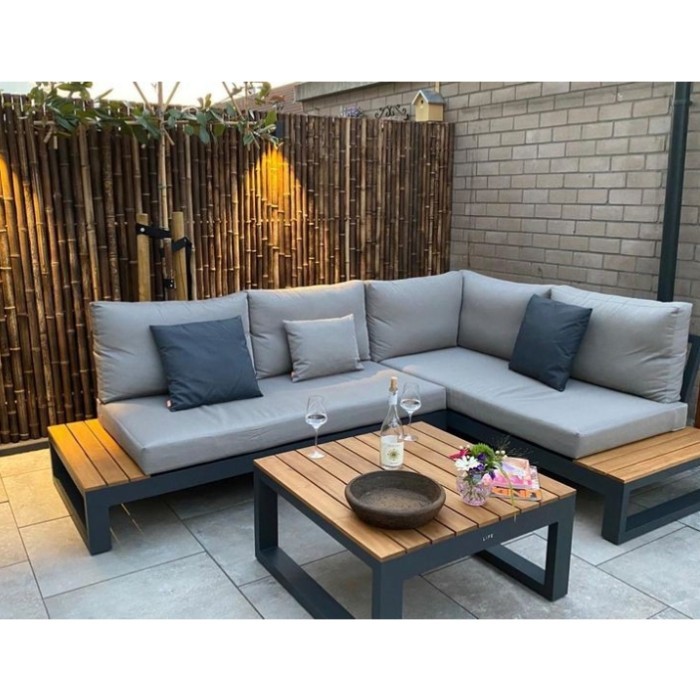 Kursi sofa cafe, sofa lesehan outdoor, sofa bantalan tebal, sofa jati