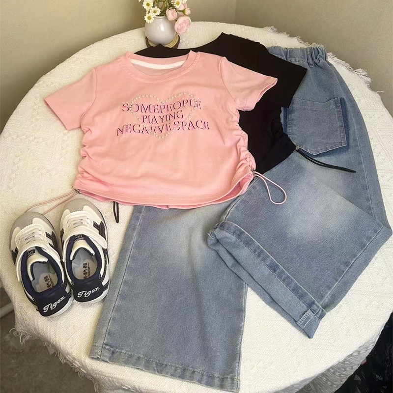 FR54E Setelan Jeans Anak Perempuan OOTD Anak Perempuan T-Sirt Lengan Pendek + Celana Jeans Korea Coo