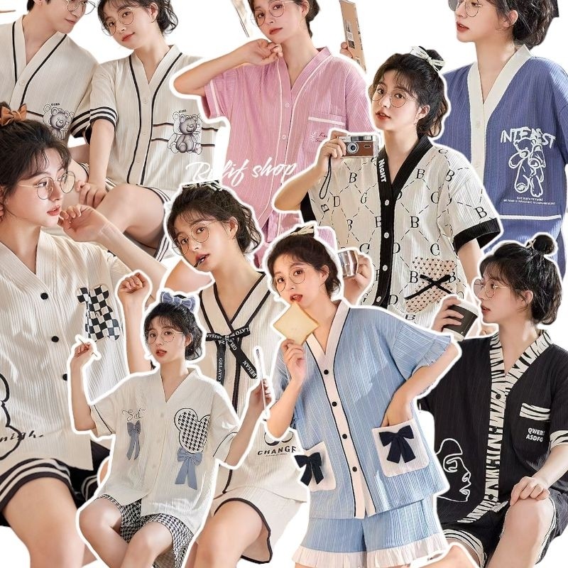 ONE SET SETCEL HOTPANTS BAJU TIDUR PIYAMA KNIT WANITA DEWASA IMPORT LENGAN CELANA PENDEK MOTIF VNECK