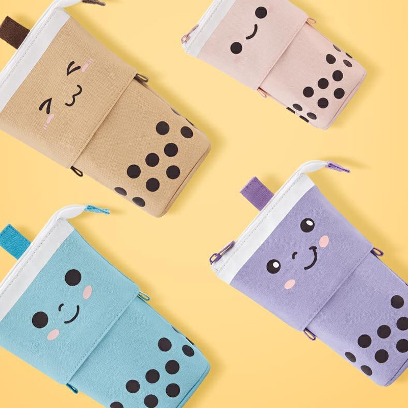 

Kawaii Stationery Pearl Milk Tea Pencil Case Canvas Stand Up Pop Up Pencil Box Cute Pencil Pouch Makeup Pen Bag School Supplies