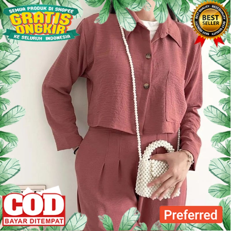 KOREAN STYLE OOTD TRENDY TERBARU /STELAN WANITA ONESET CROP CRINKLE/KEMEJA ONE SET CRINGKLE/ONE SET 