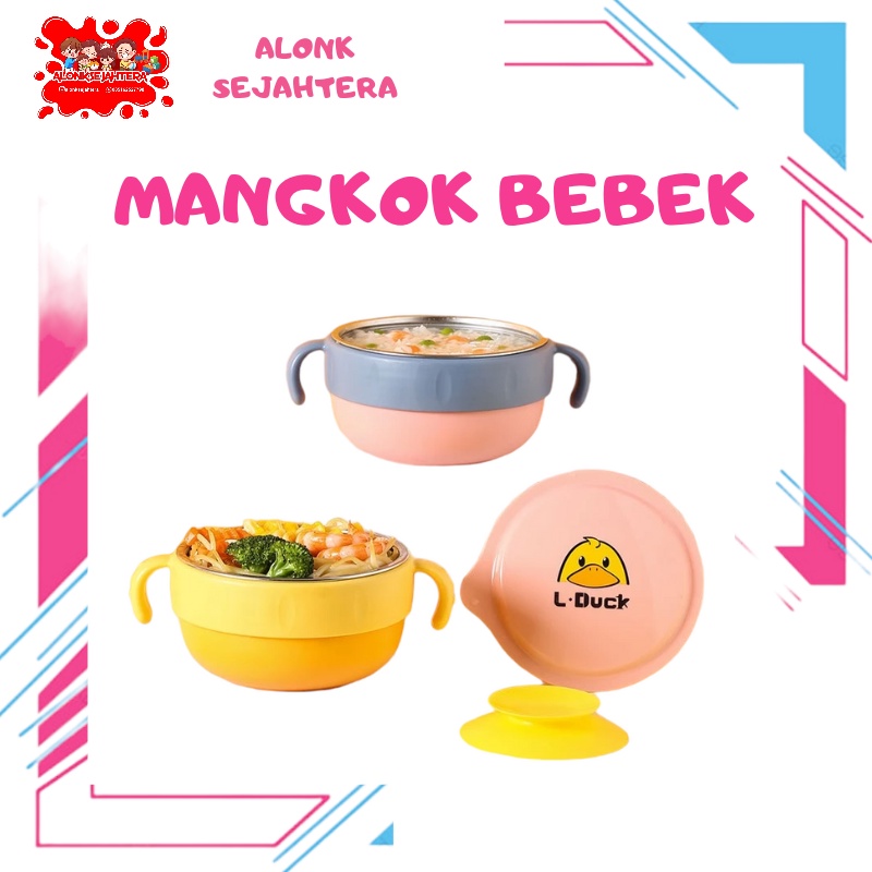 [ALONK.S] Mangkok Makan Stainless Steel Suction Karakter Bebek + Tutup Fresh Bowl Set Mangkok Cangki