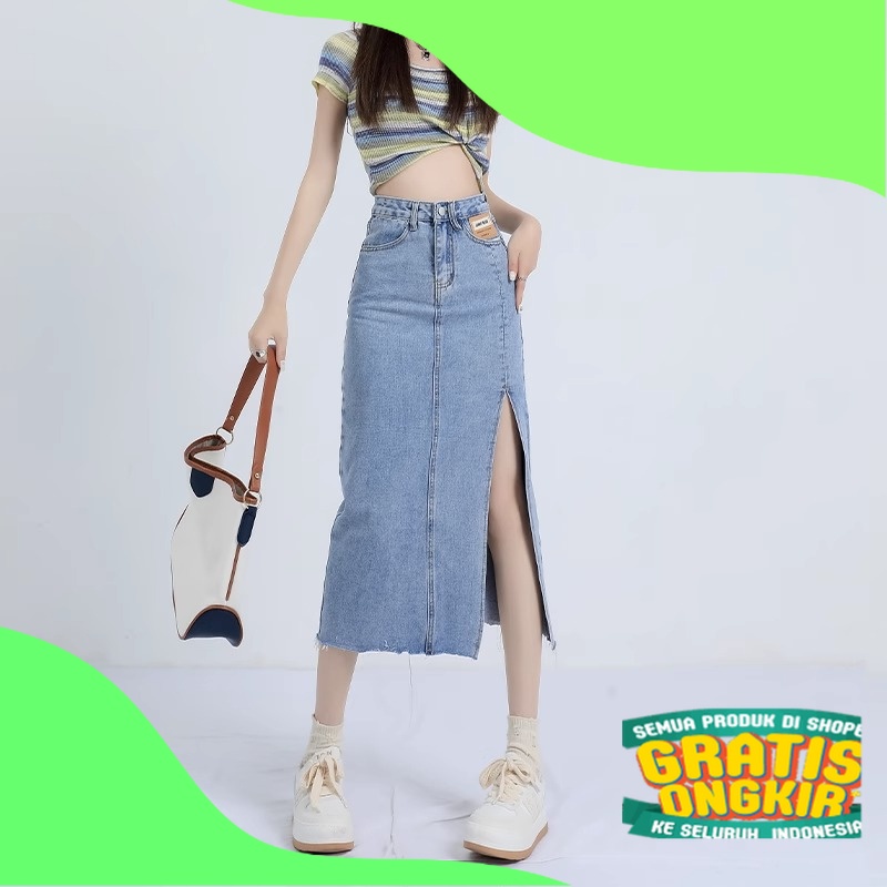 Rok Jeans Midi Wanita Rok A-Line Split Kasual Import/ ungu lavender