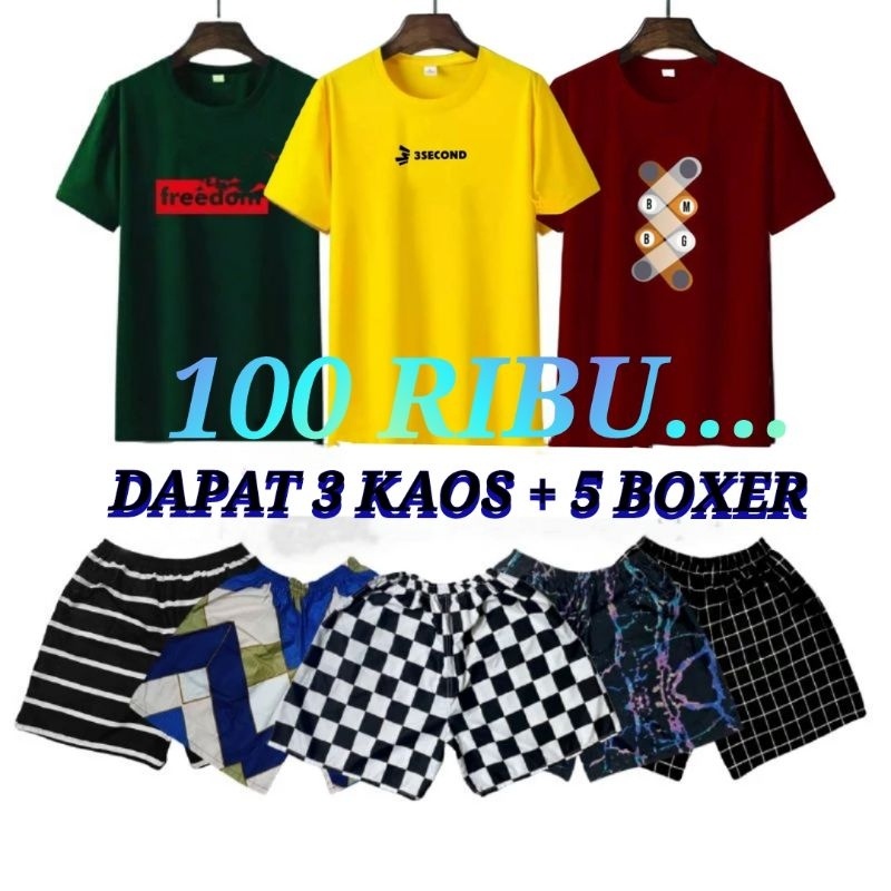 PAKET 100 RIBU DAPAT 3 KAOS + 5 CELANA BOXER RANDOM
