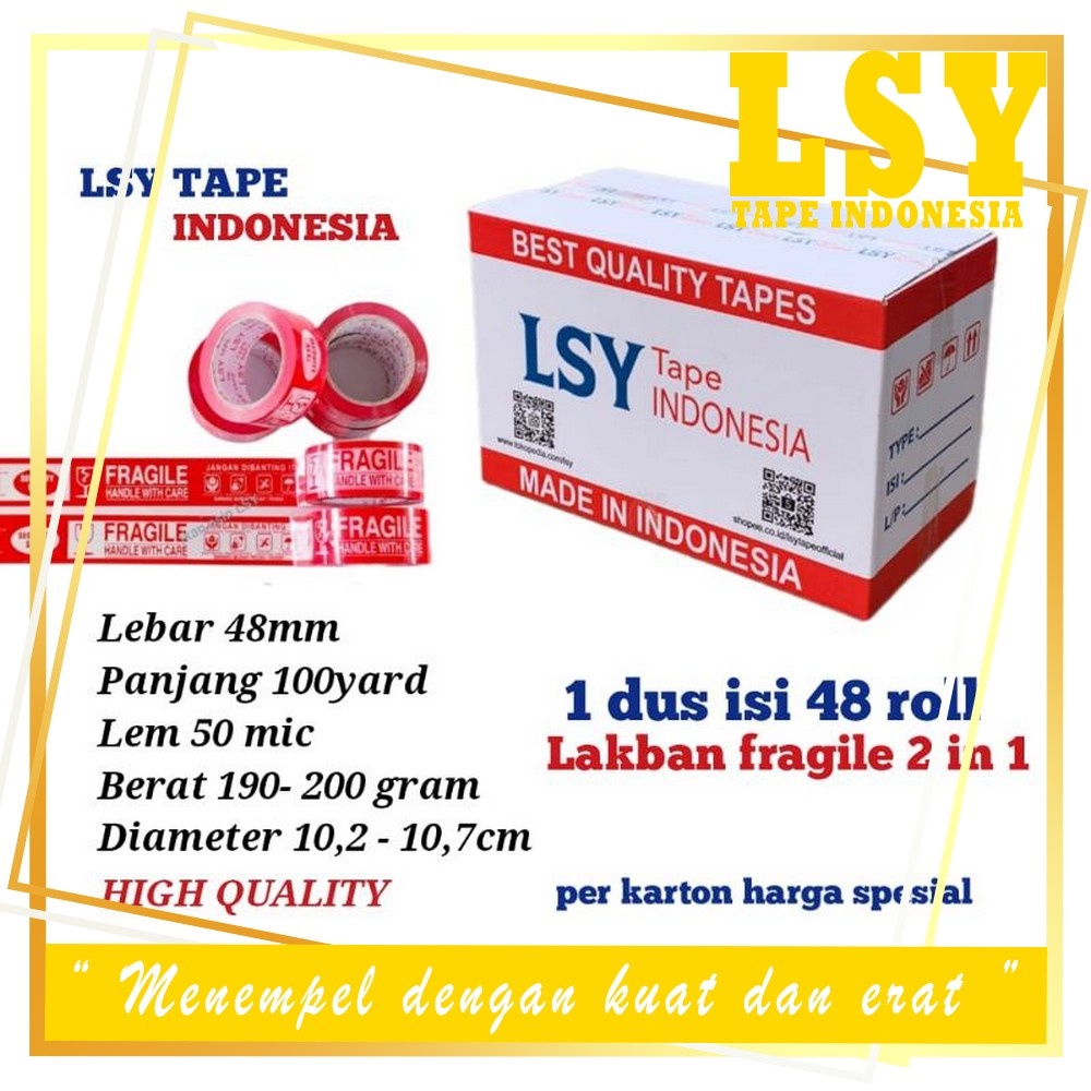 

LSY 1Dus Grosiran 48roll Lakban Fragile 2IN1 Full 48mm x 100yard Full 50mic