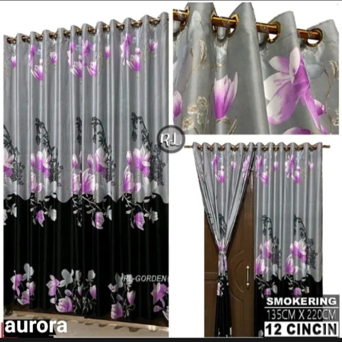 gordeng/horden pintu dan jendela smokring 12 ring uk 135 x 220 cm - bunga biru