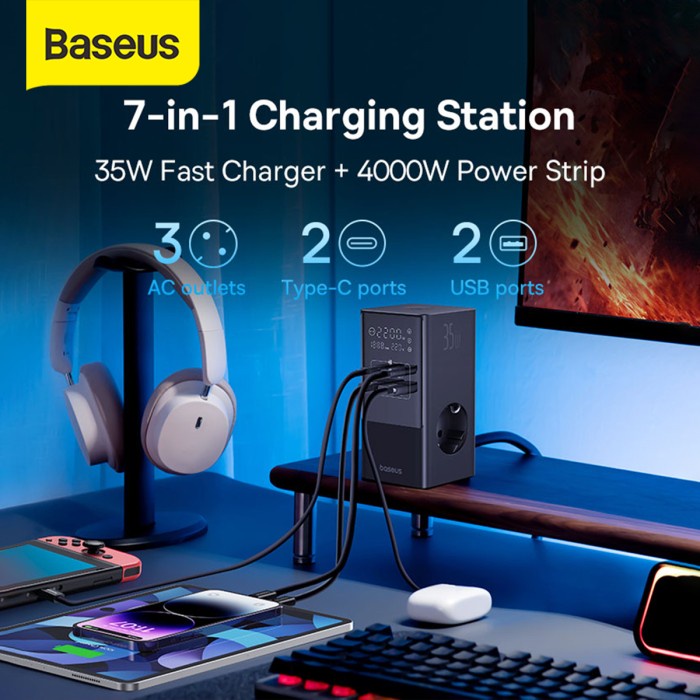 BASEUS POWERCOMBO 35W PORTABLE POWER STATION DESKTOP CHARGER ADAPTOR - Hitam