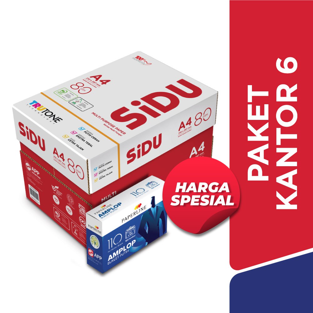 

SiDU Paket Kantor 6 (Kertas HVS 80 GSM A4 1 Boks & Amplop 110 PPS)