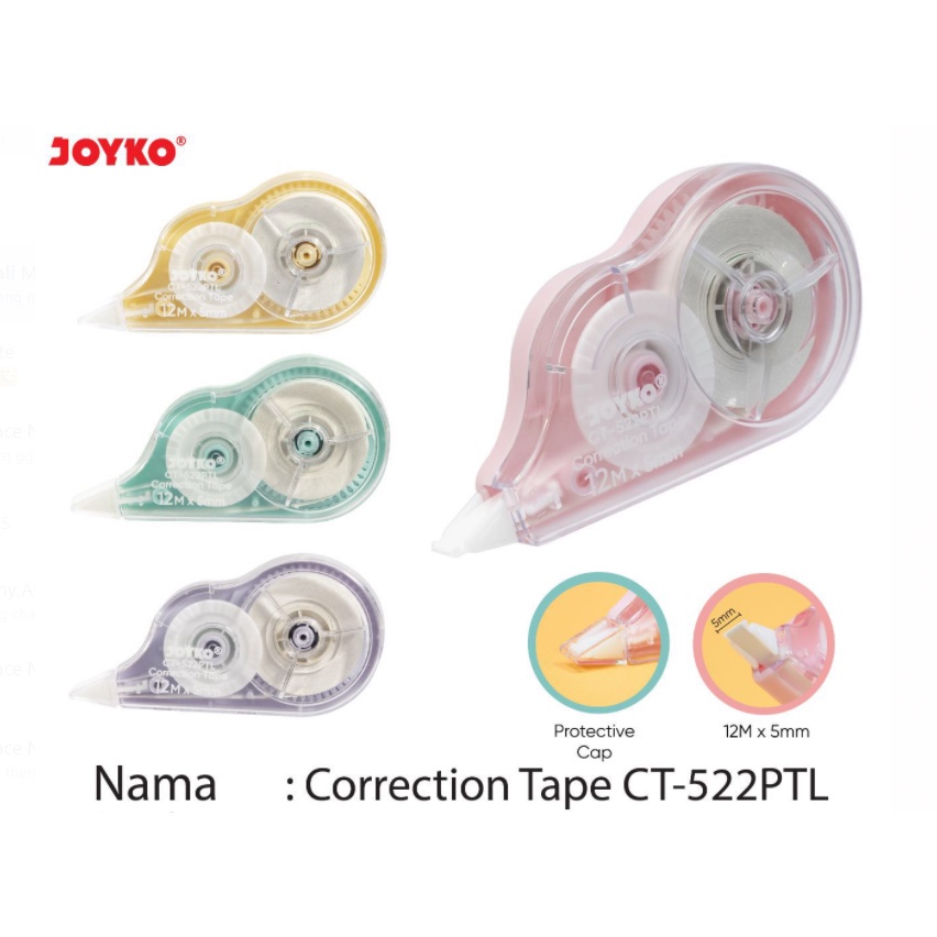 CORRECTION TAPE TIP EX CT-522 PTL PASTEL JOYKO KERTAS ROLL MURAH 12 METER CT 522 PTL TIPEX ATK STATI