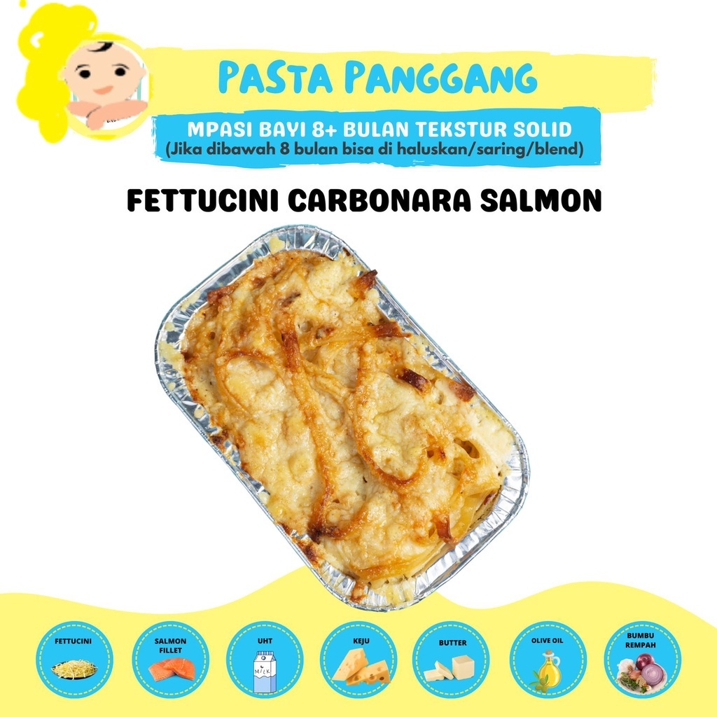 FETTUCINI SALMON CARBONARA (CATERING MAKANAN BAYI MPASI FROZEN BEKU/PENAMBAH BERAT BADAN ANAK/BAYI M