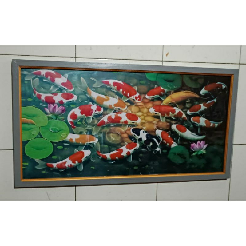 hiasan dinding lukisan cetak ikan koi hoxy plus bingkai ukuran 100×50