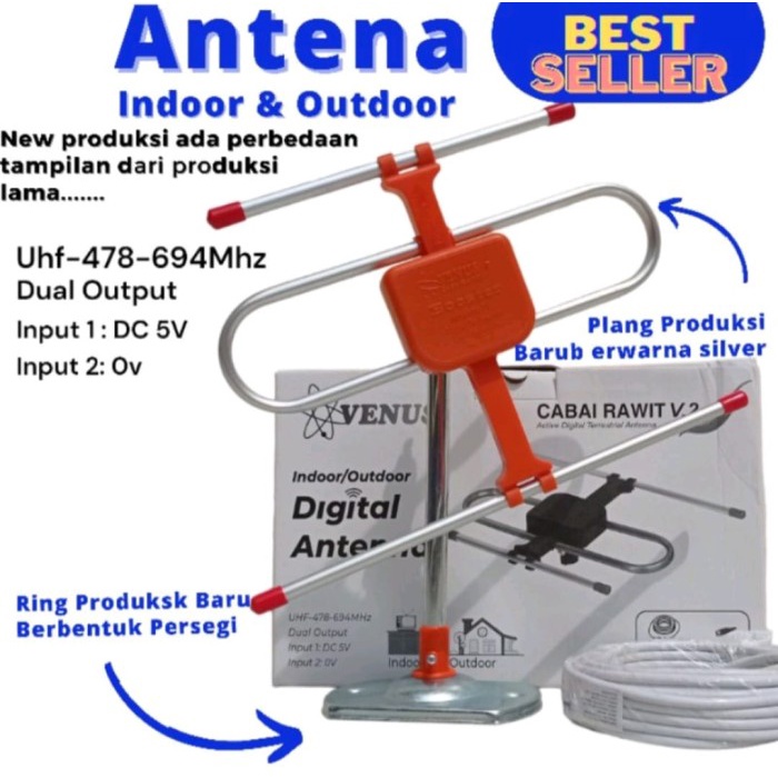 Antena TV Digital Indoor Outdoor Venus Cabai Rawit 2 Output + Booster - TANPA KABEL