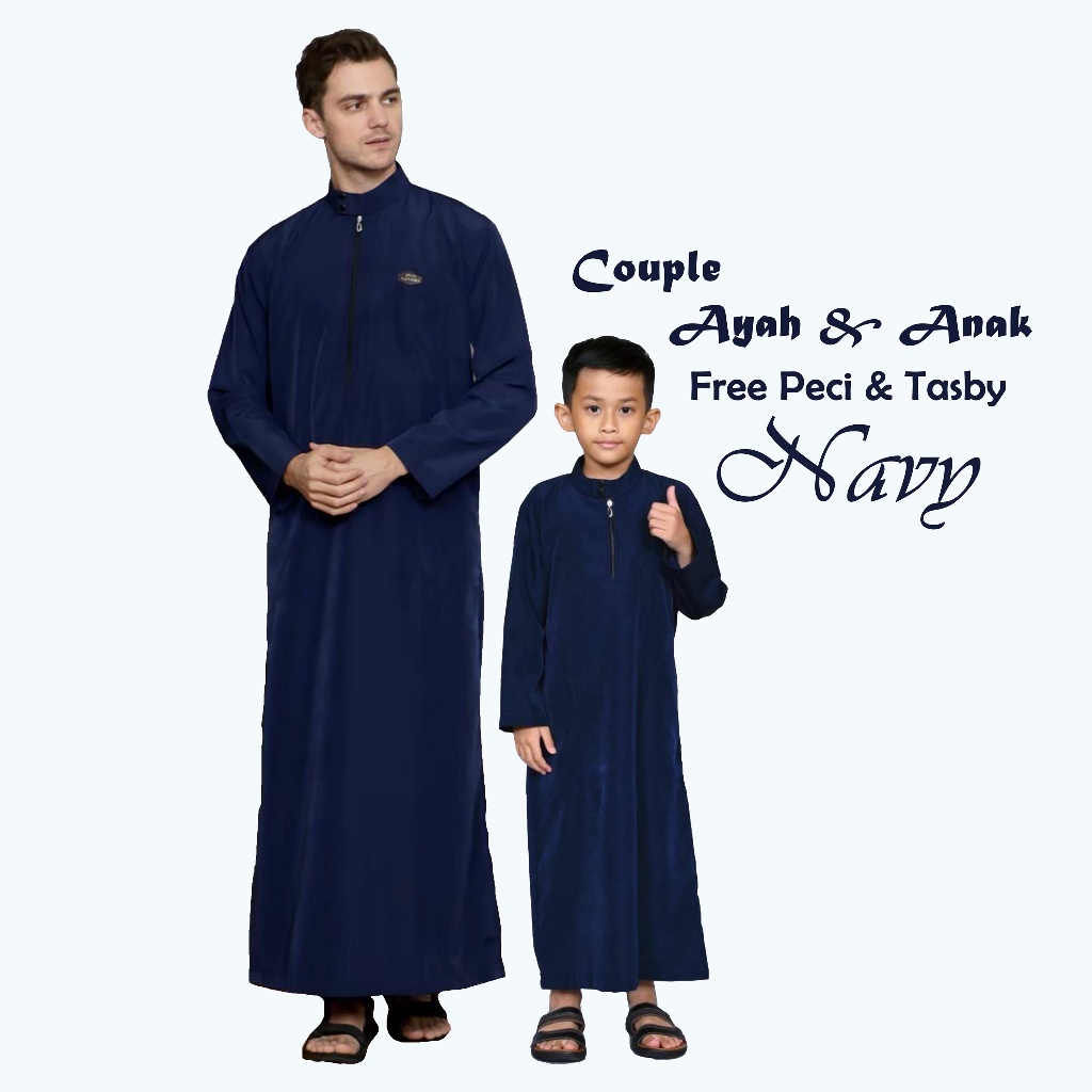 Gamis jubah couple ayah anak bsy motif polos navy / model haromain al haramain an noor alfaan