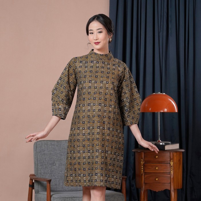 Ready NONA RARA-Lesi Indigo D0406,Dress kerja batik wanita modern - L
