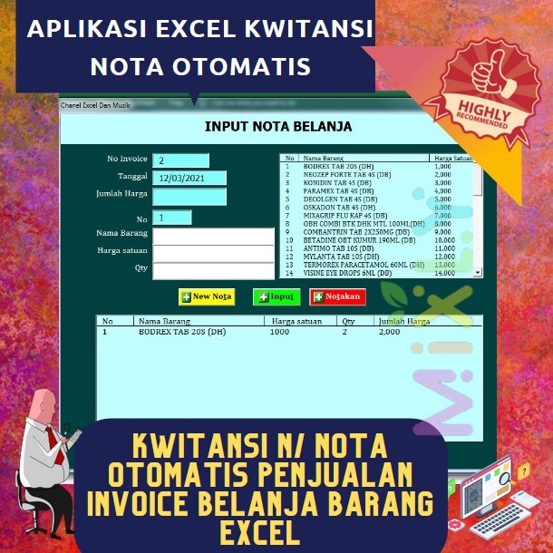 Aplikasi Kwitansi Nota Otomatis Penjualan Invoice Belanja Barang Excel - MAIL