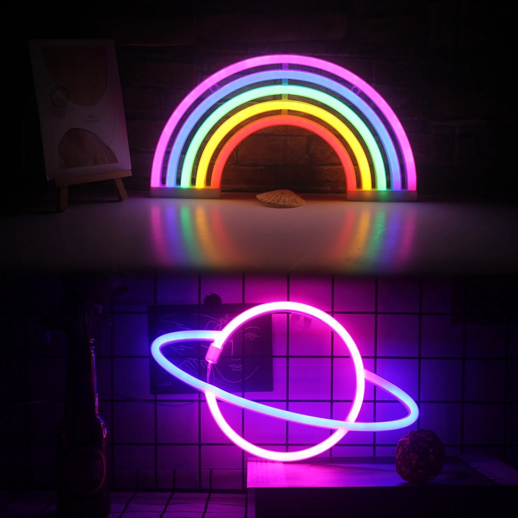 Neon Art Rainbow Night Light Planet LED Neon Light Signs a or Battery Powered for Girls Bedroom Hang