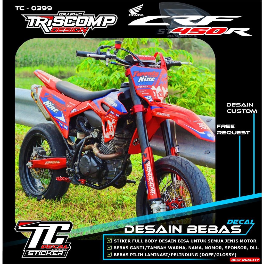 Sticker Decal CRF 450 Fullbody Merah merona list biru tua desain cutom Bisa Request - Stiker Decal M