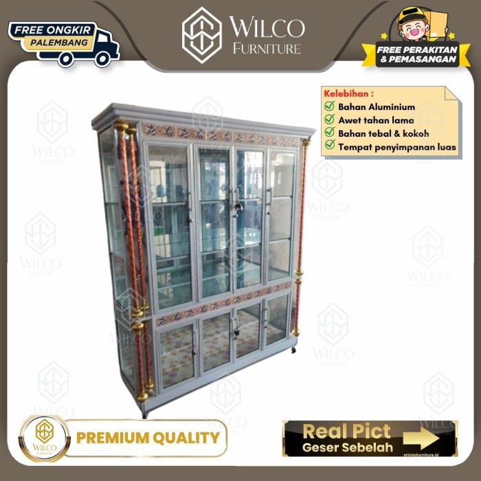 Lemari Hias Aluminium 4 Pintu GM / Lemari Kaca 4 Pintu Alma Custom