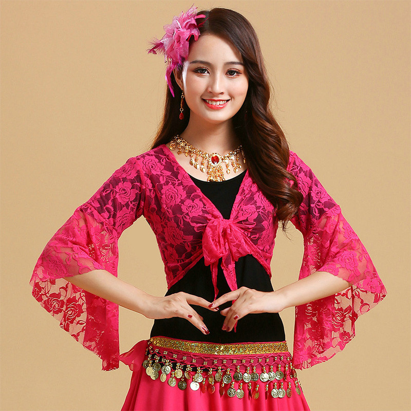 

Women's Belly Dance Top Shawl Short Cardigan Lace Flare Long Sleeve Shrug Lace-up Shirt Gymnastics Cover Up Cardigan Wraps