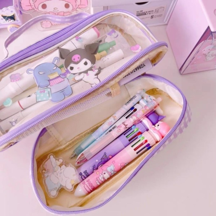 

kotak pena lucu kuromi sunrio tempat pensi pulpen kawaii dual slot - Pink 3tulip