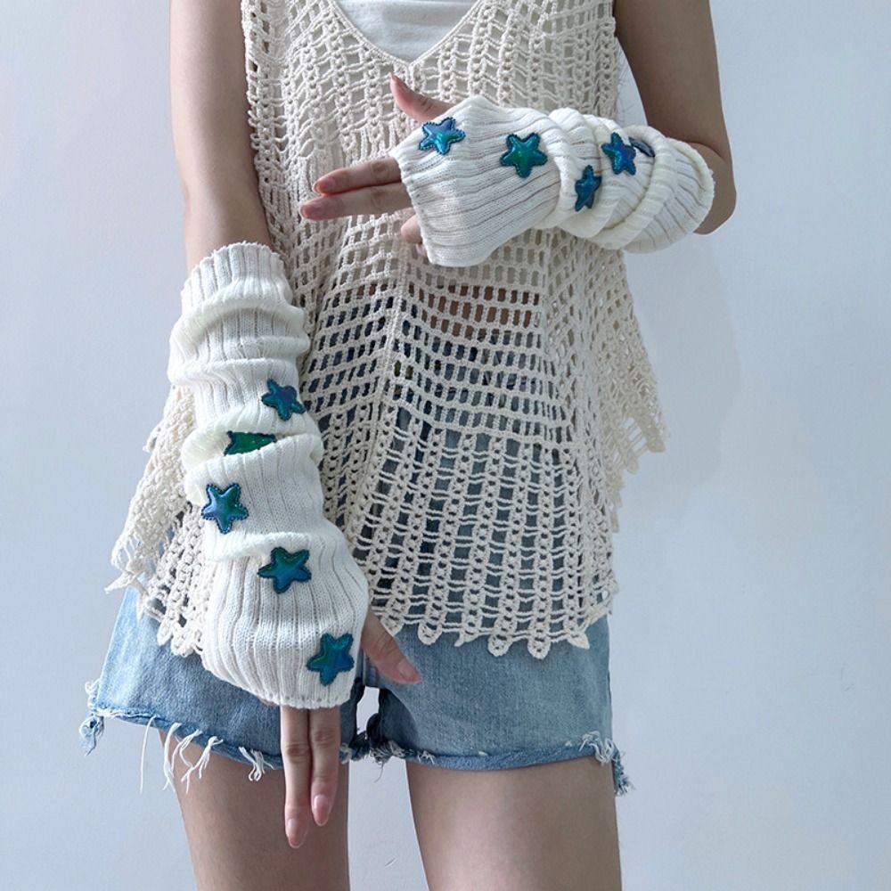 Casual Solid Color Star Knitted Gloves Y2k Gothic Lolita Style Fingerless Arm Warmers JK Hand Sleeve