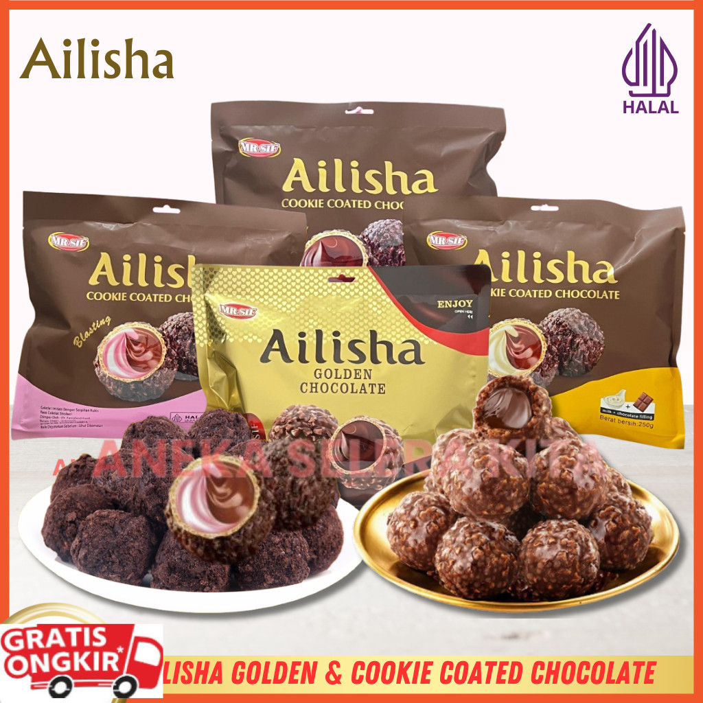 

Ailisha Golden Chocolate & Ailisha Cookie Coated Chocolate / Coklat Cookies Ball Aneka Rasa