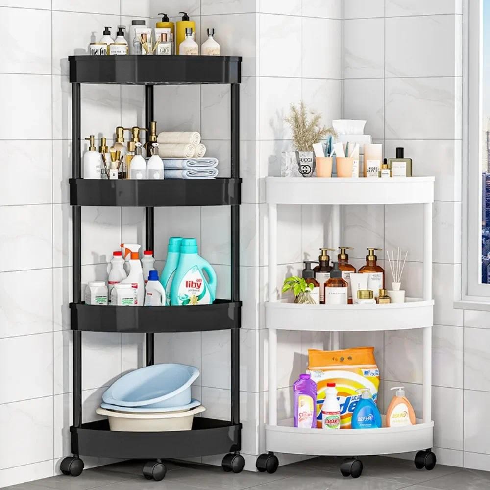 Bathroom Corner Triangle Shelf Movable Multilayer Storage Shelf Rolling Cart Toilet Organizer Gap St