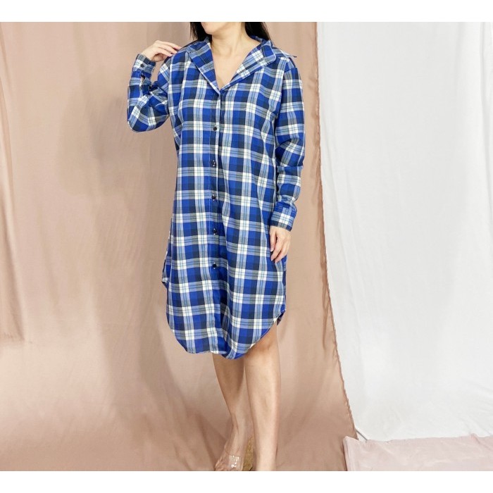 Trend Muslim~ tunik kemeja wanita lengan panjang flanel / tunik flanel kotak kotak - Biru