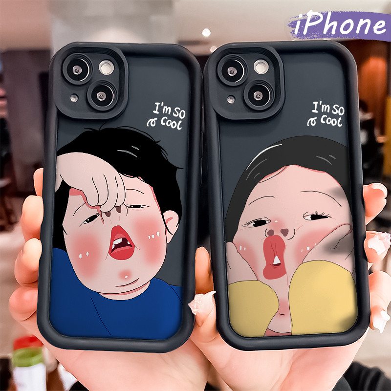 Lucu Mischievous Couple Silicone Case iPhone 13 15 11 12 14 Pro Max XR X Xs Soft Polos Hitam TPU Teb
