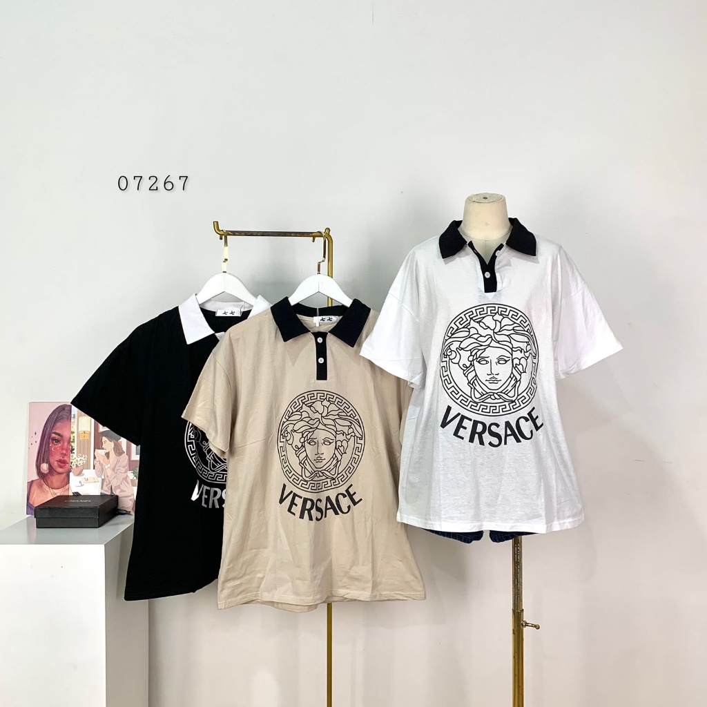 KAOS OVERSIZED V3RS4C3 CLASSIC FASHION KERAH MOTIF SABLON DEPAN TANGAN PENDEK PREMIUM WANITA ATASAN 