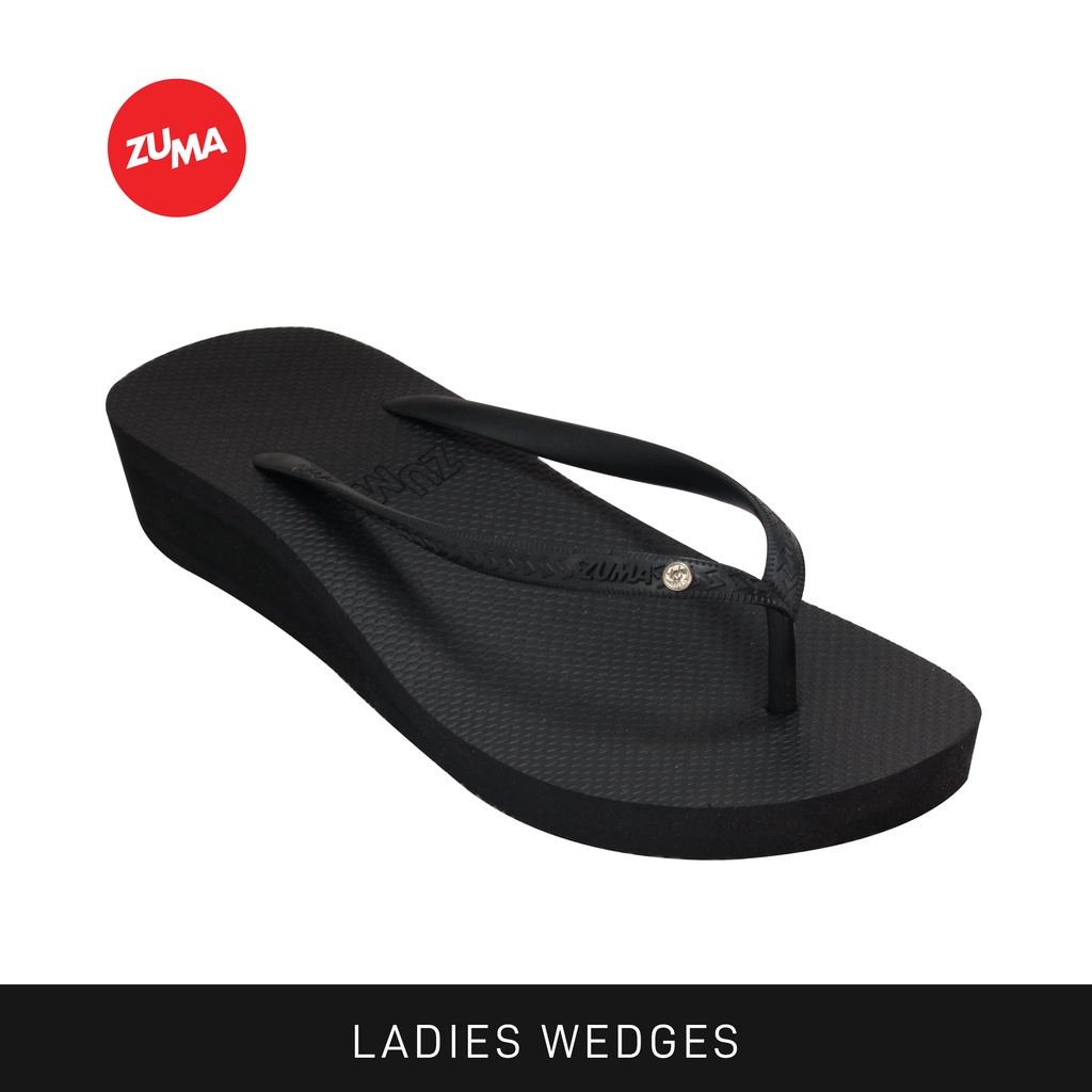 Zuma Women Tiffany 2 Black, Sandal Jepit Wanita Wedges Karet Polos, Hitam