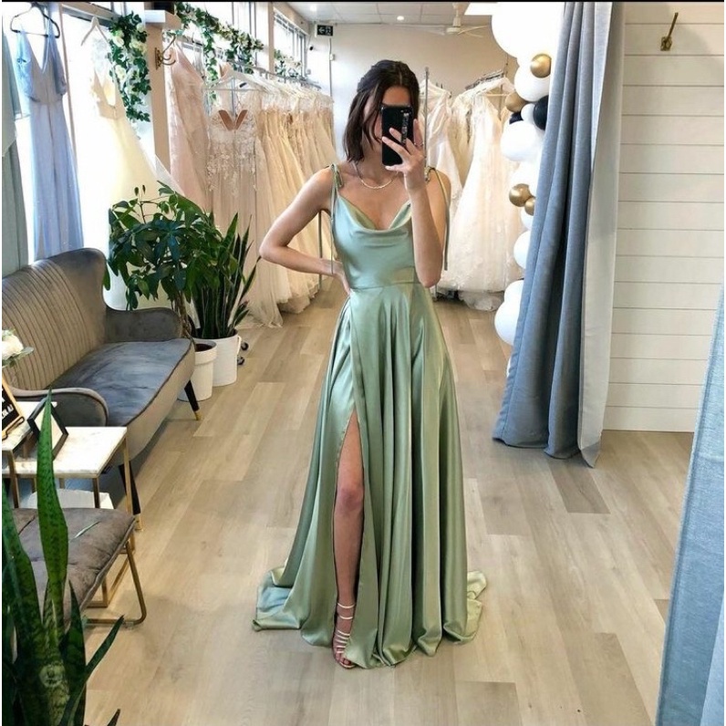 VENA DRESS - Gaun pesta sage green wanita evening gown elegant classy satin glossy dress big size ju