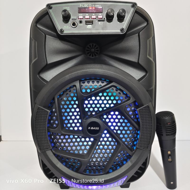 FLECO Speaker Bluetooth FLECO F-8863LED X-BASS 8,5 Inch BONUS TRIPOD DAN MICROPHONE WIRELESS KARAOKE