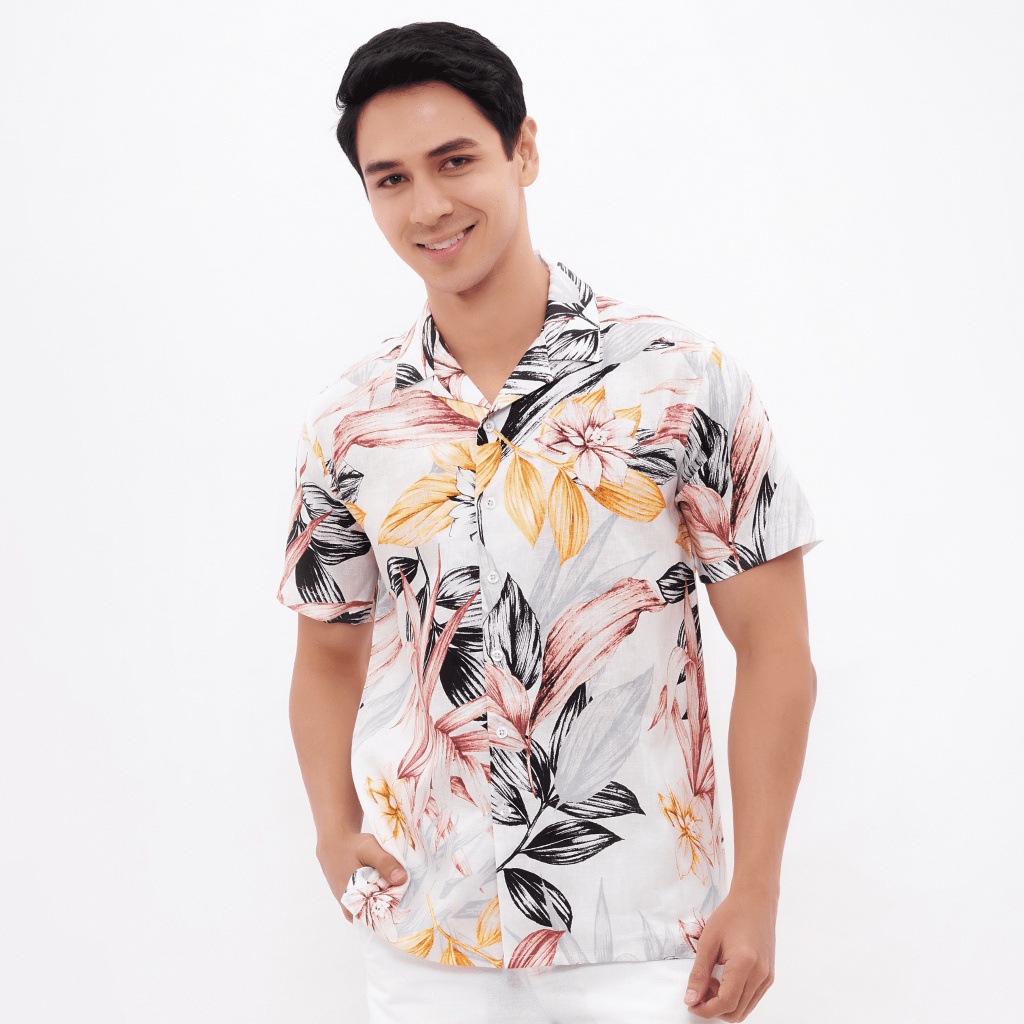 REMEDY Kemeja Linen Pria Pendek Putih Motif - Calathea Linen Shirt