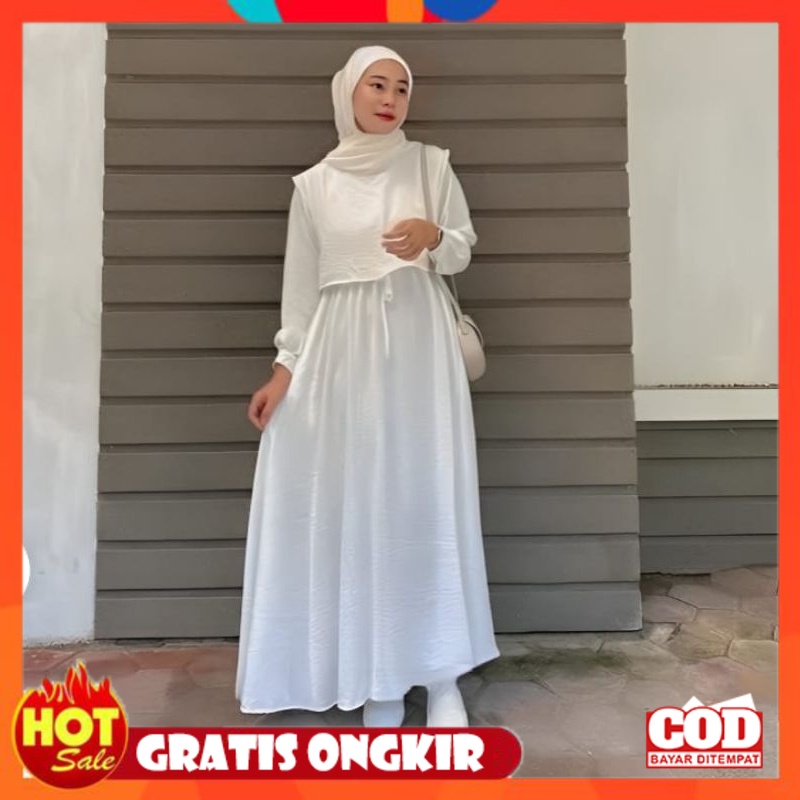 KAIN ADEM HALUS TEBAL / Gamis Polos Putih Bersih Cringkel Motif Rompi Misah Bahan Tebal Lengan Panja