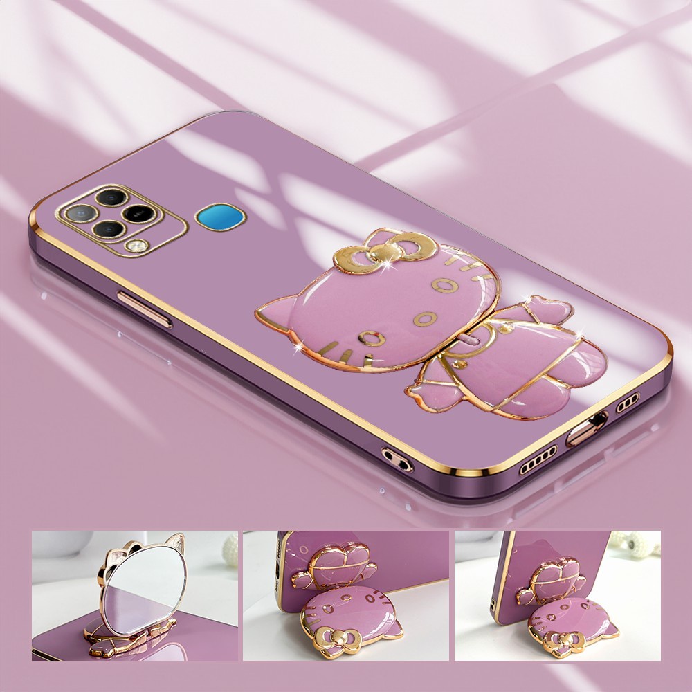 Infinix Hot 10S NFC Untuk Hp Phone Case Light Luxury Kitty Mirror Holder Handphone Silikon Softcase