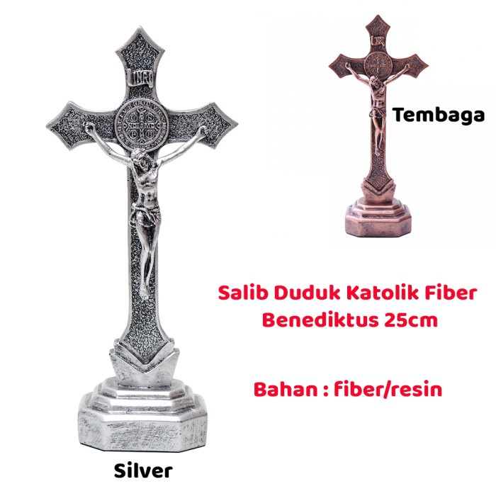 Salib Duduk Katolik Fiber Benediktus Tembaga 25cm-Salib Katolik - ivory