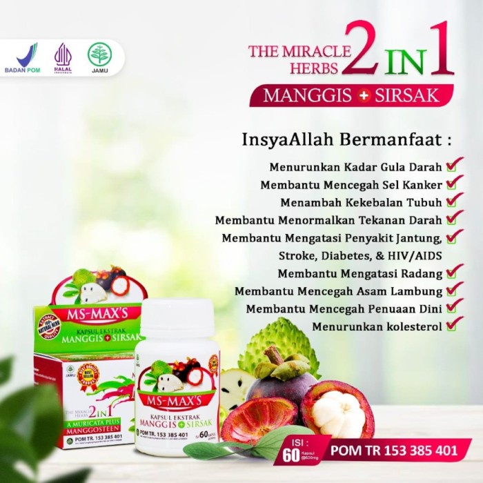 

Ready COD Kapsul ekstrak kulit manggis sirsak 2 in 1 Darusyifa / MS-MAXS kapsul Mengatasi dan menyembuhkan asam urat, Mengobati dan mencegah diabetes, Menurunkan kolesterol, dll