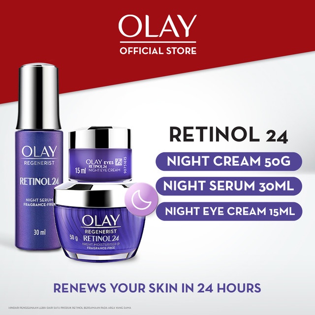 Olay Retinol 24 Set Lengkap Serum & Pelembab Malam Moisturizer & Krim Mata Eye Cream Anti Aging Skin