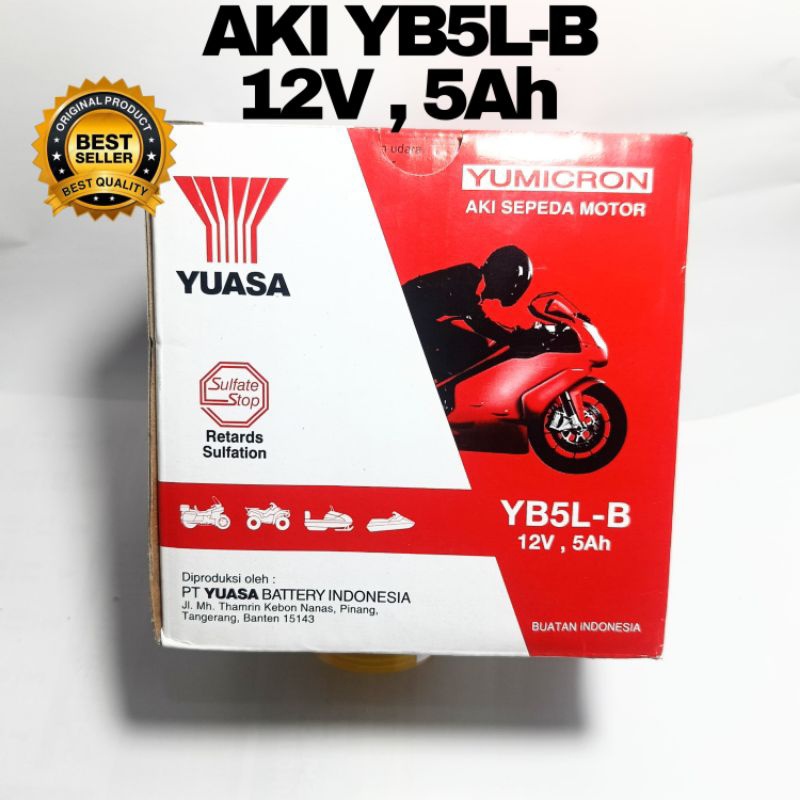 ORIGINAL YUASA AKI YB5L-B (12V , 5Ah) / YUASA YB5L-B 5 12 VOLT 5 AMPER AKI BASAH ACCU MOTOR GRAND MI