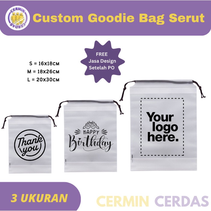 

Custom Logo Nama Tas Serut Suvenir Hajatan Acara Ulang Tahun Pernikahan Goodie Bag