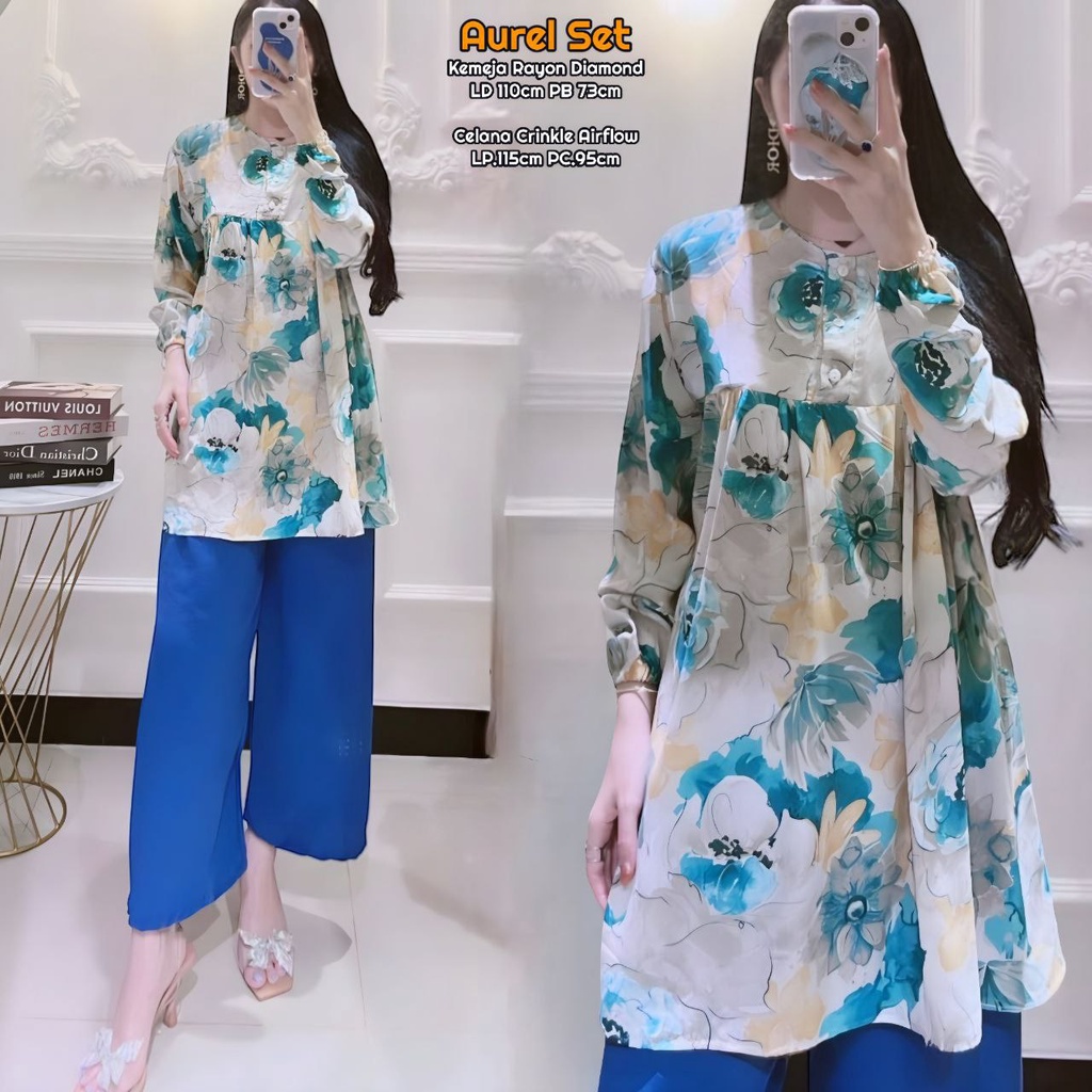 Aurel  Set - One Set Wanita Kemeja Rayon Premium Setelan Baju Lengan 7/8 Set Celana Panjang Kekinian