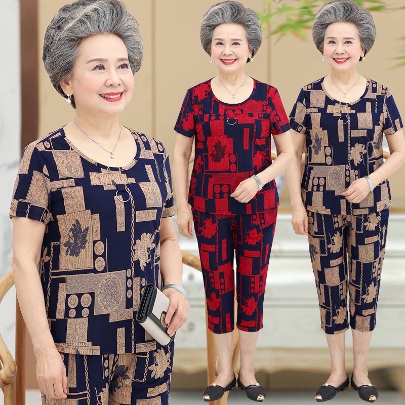Pakaian Musim Panas Lansia Set Ibu Wanita Nenek Baju Lengan Pendek Es Musim Panas Dua Potongan