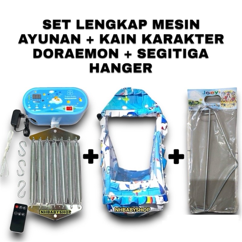 Set Lengkap Ayunan Elektrik Bayi Otomatis Mesin Ayunan + Kain Karakter Emon + Besi Segitiga Hanger