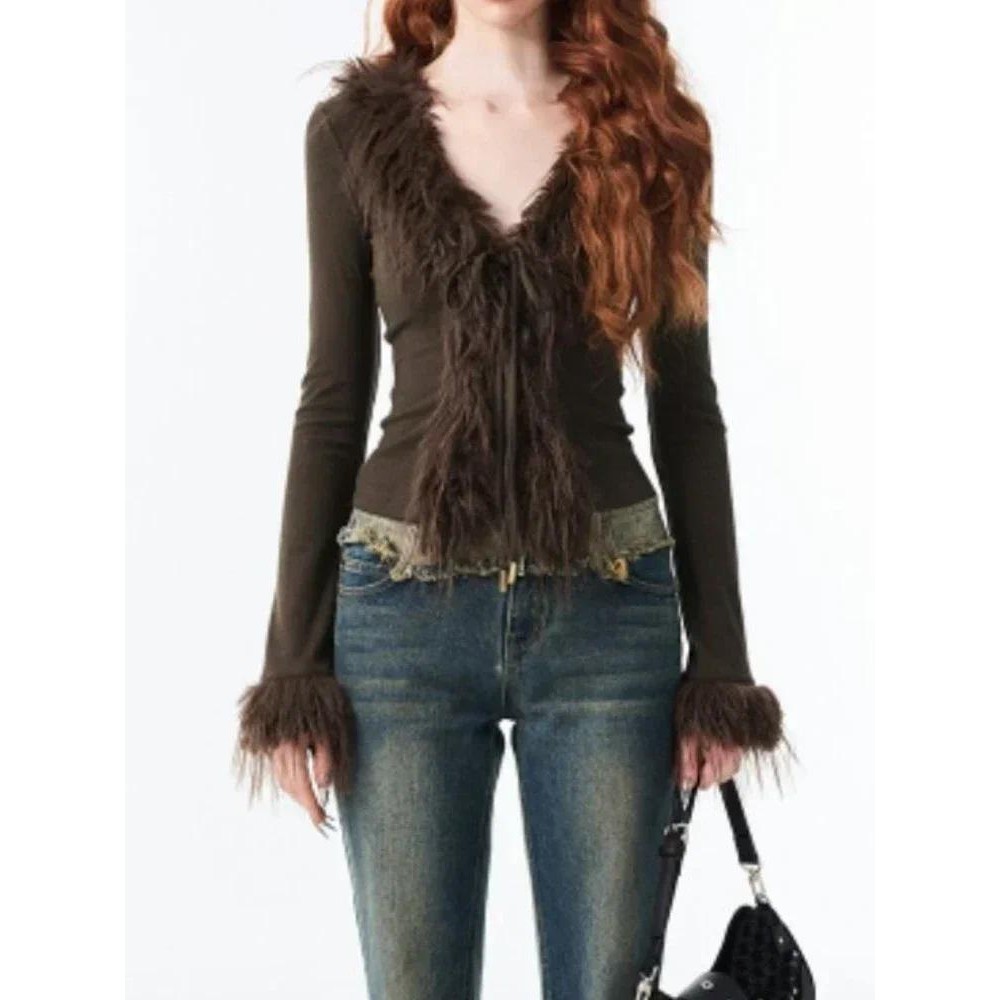 Y2k Aesthetic V-neck Jacket Women Korean Sexy Fashion Cargan  Harajuku Vintage Bandage Fur Patchwork