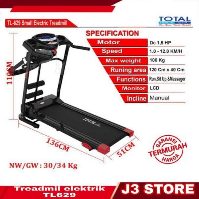 

Alat Fitnes Treadmil elektrik 3 pungsi Total Tl 629 olaraga dirumah