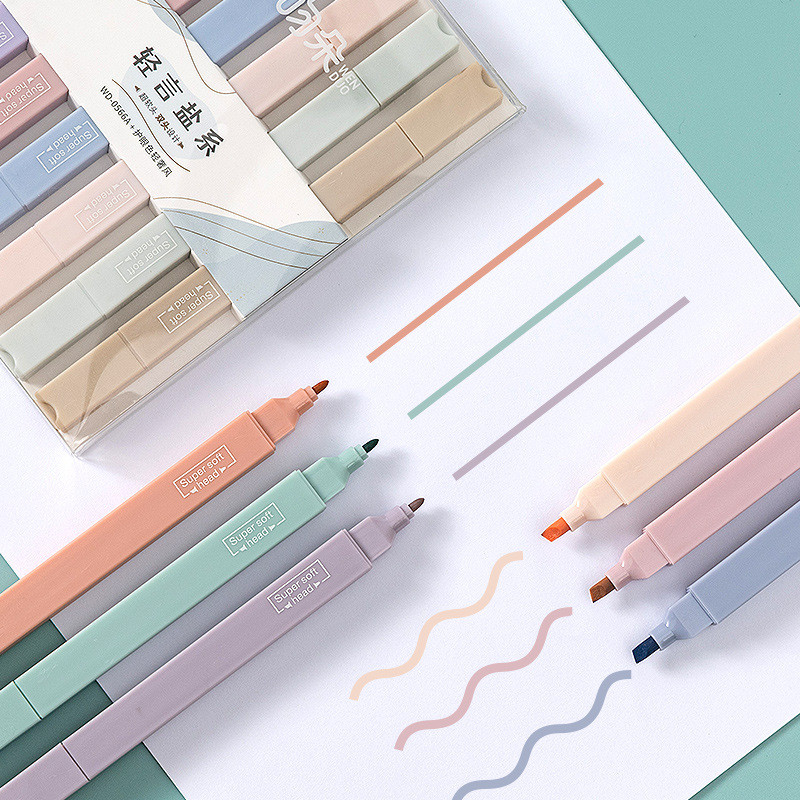 

6Pcs/Set Morandi Color Highlighter Marker Pen Double-Head Highlighter Pens Stationery Items Back to School Supplies Girls Gift