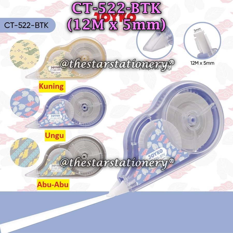 

(1 Biji) Correction Tape Joyko CT-522-BTK (12 M x 5 mm) / Pita Koreksi Joyko CT-522-BTK Batik